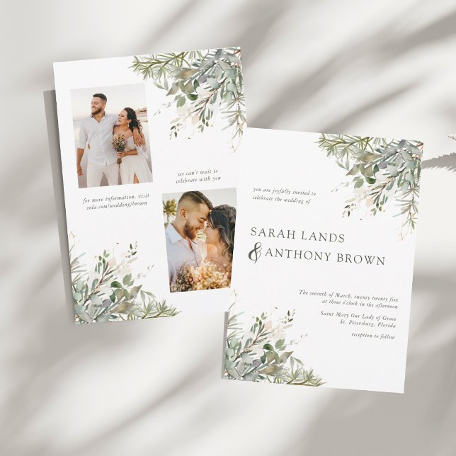 Elegant Watercolor Green Foliage Photo Wedding Invitation (Creator Uploaded)