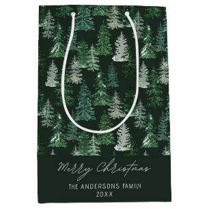 Elegant Watercolor Green Forest Merry Christmas Medium Gift Bag