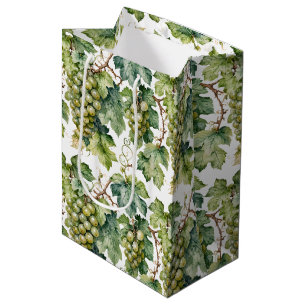Elegant Watercolor Green Grape and Vine Pattern Medium Gift Bag