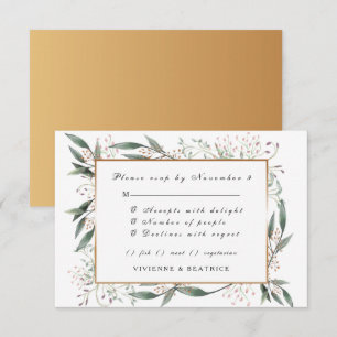 Elegant watercolor green leaf gold wedding RSVP Invitation