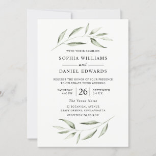 Elegant Watercolor Green Leaf Greenery Wedding Invitation
