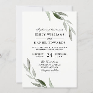Elegant Watercolor Green Leaf Greenery Wedding Invitation