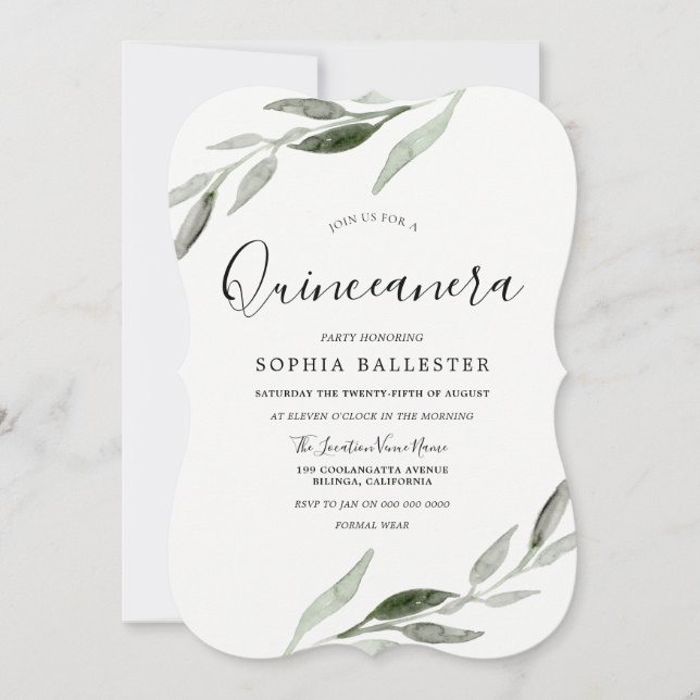 Elegant Watercolor Green Leaf Quinceanera Party Invitation (Front)