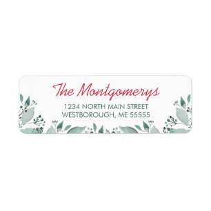 Elegant Watercolor Green Leaf Red Return Address Return Address Label
