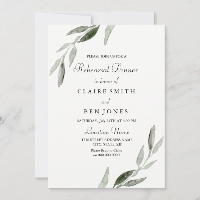 Elegant Watercolor Green Leaf Rehearsal Dinner Invitation (Front)