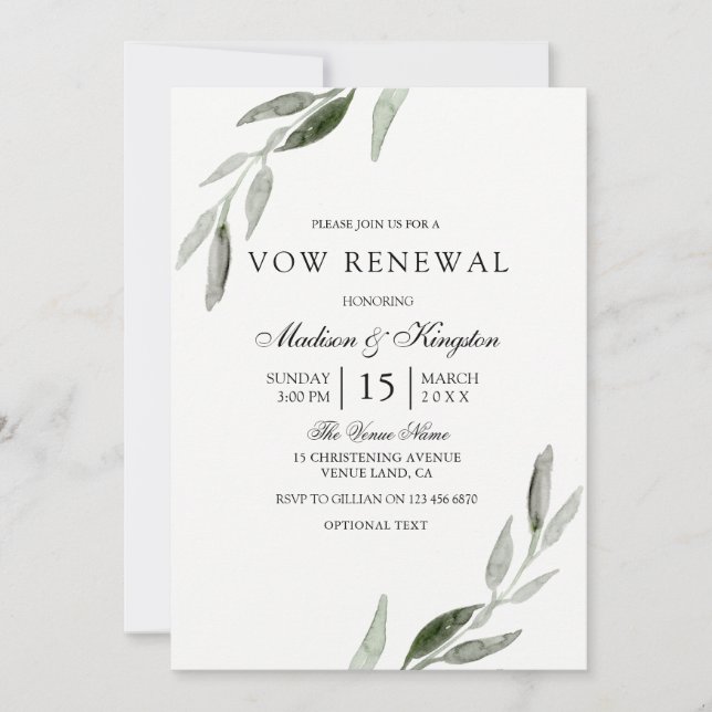 Elegant Watercolor Green Leaf Vow Renewal Invite (Front)