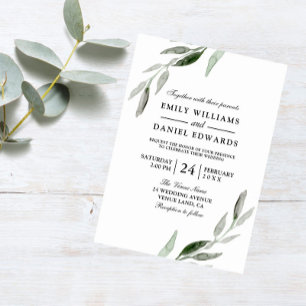 Elegant Watercolor Green Leaf Wedding Invite