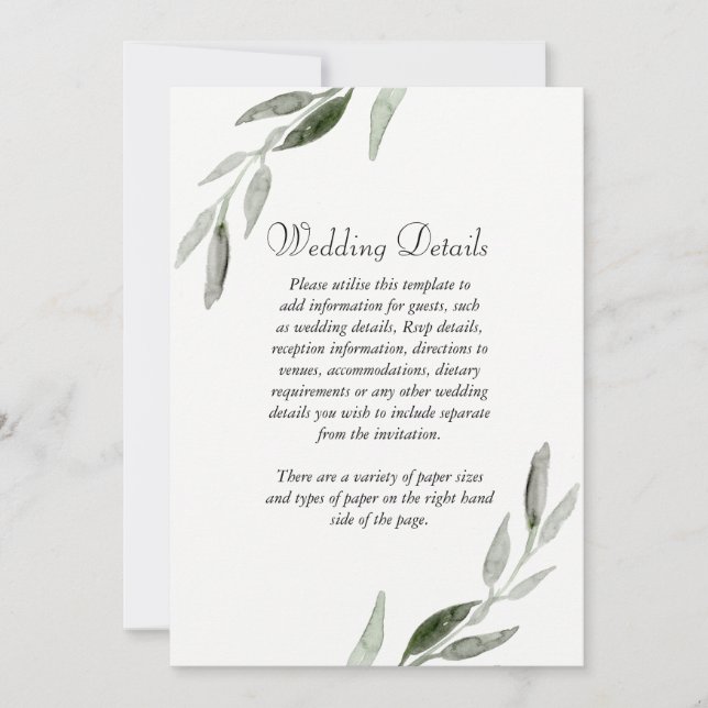 Elegant Watercolor Green Leaf Wedding Reception Invitation (Front)