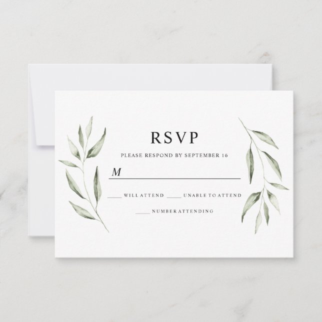 Elegant Watercolor Green Leaf Wedding RSVP (Front)