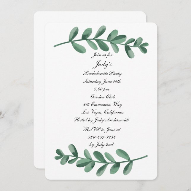 Elegant Watercolor Green Leaves Bachelorette Party Invitation (Front/Back)
