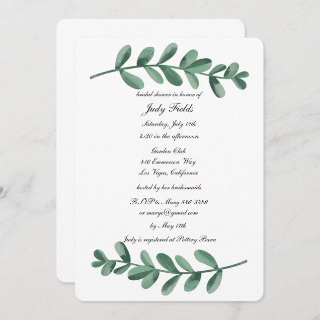 Elegant Watercolor Green Leaves Bridal Shower Invitation (Front/Back)