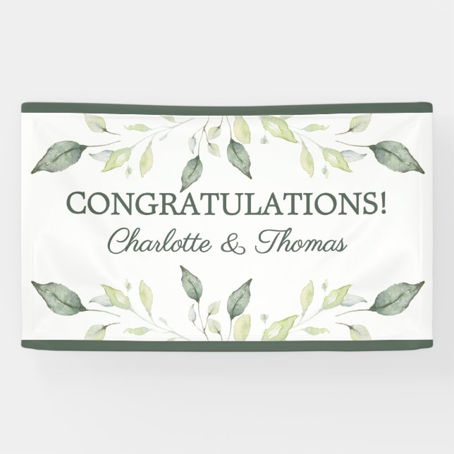 Elegant Watercolor Green Leaves & Trim Wedding Banner (Horizontal)