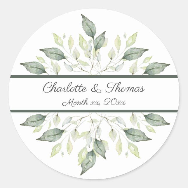 Elegant Watercolor Green Leaves Wedding Classic Round Sticker (Front)