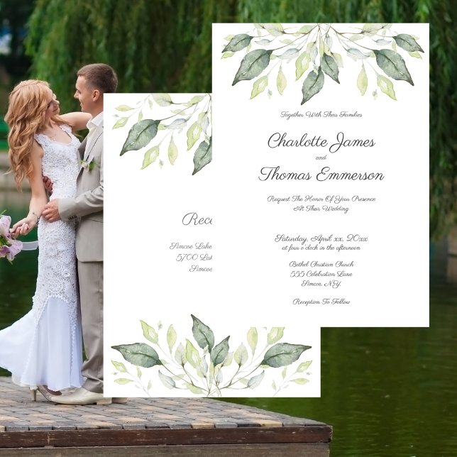 Elegant Watercolor Green Leaves Wedding Invitation (Wedding Soft Watercolor Green Leaves Elegant Invitation)