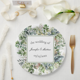 Elegant Watercolor Green Leaves Wedding  Paper Plate