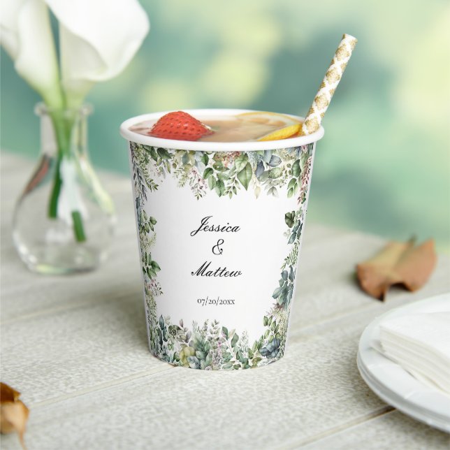 Elegant Watercolor Green Leaves Wedding Party  Paper Cups (Insitu)