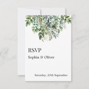 Elegant Watercolor Green Leaves Wedding RSVP Card