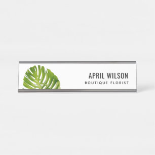 ELEGANT WATERCOLOR GREEN MONSTERA LEAF FOLIAGE DESK NAME PLATE