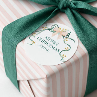 Elegant Watercolor Green Pink Bow Merry Christmas Classic Round Sticker