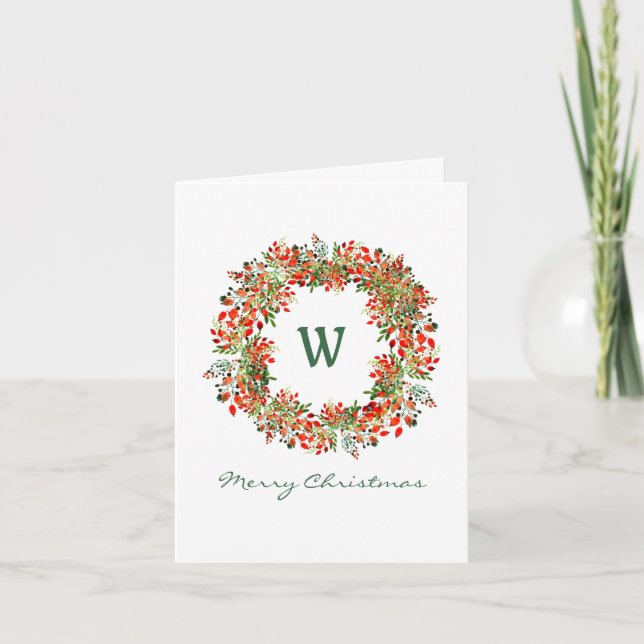 Elegant Watercolor Green Red Wreath Christmas Holiday Card (Front)