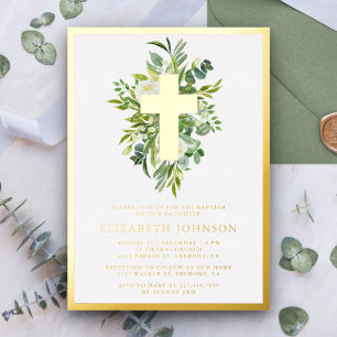 Elegant Watercolor Greenery Baptism Gold
