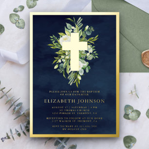 Elegant Watercolor Greenery Baptism Navy Blue Gold