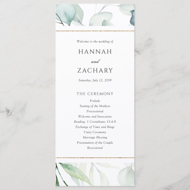 Elegant Watercolor Greenery Botanical Wedding Program (Front)