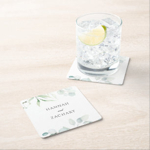 Elegant Watercolor Greenery Botanical Wedding Square Paper Coaster