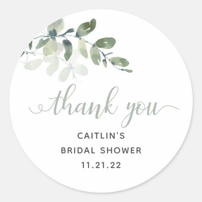 Elegant Watercolor Greenery Bridal Shower Favour Classic Round Sticker (Front)