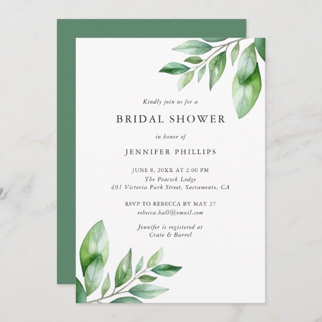 Elegant Watercolor Greenery Bridal Shower Invitation (Front/Back)