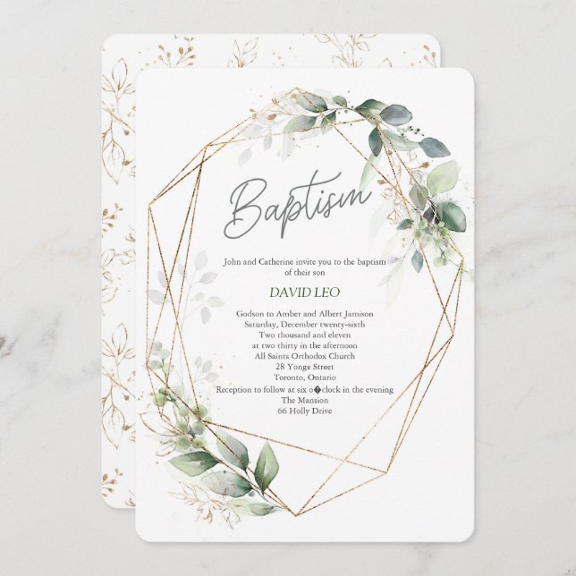 Elegant, Watercolor, Greenery, Christening Invitation (Front/Back)