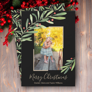 Elegant Watercolor Greenery Christmas Photo Holiday Card