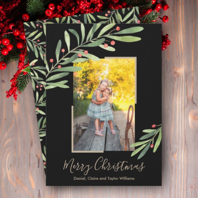 Elegant Watercolor Greenery Christmas Photo Holiday Card (Creator Uploaded)