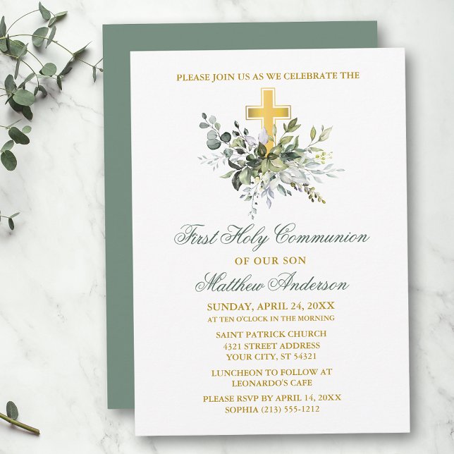 Elegant Watercolor Greenery Communion Sage Green Invitation (Customize to change text color, size, style or to change color of back of card.)