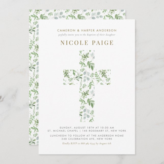 Elegant Watercolor Greenery Cross Baptism Invitation (Front/Back)