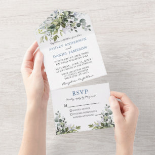 Elegant Watercolor Greenery Dusty Blue Wedding All In One Invitation