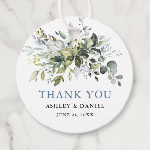 Elegant Watercolor Greenery Dusty Blue Wedding Favour Tags