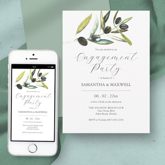 Elegant Watercolor Greenery Engagement Party Invitation (engagement party evite botanical watercolor olive branch)