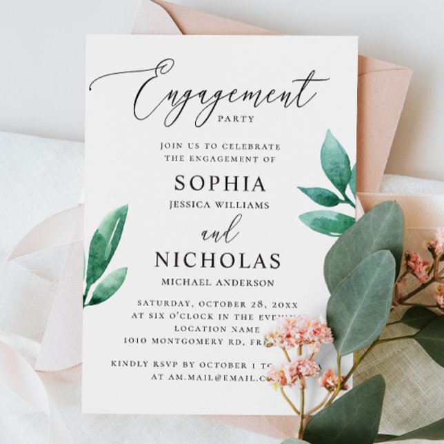 Elegant watercolor greenery engagement party invitation (Creator Uploaded)