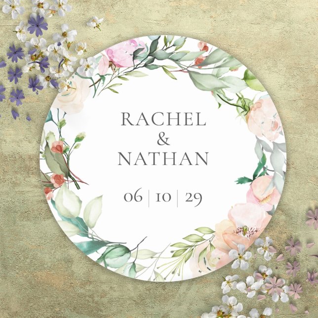 Elegant Watercolor Greenery Floral Wedding Classic Round Sticker (Elegant Watercolor Greenery Floral Wedding Classic Round Sticker)
