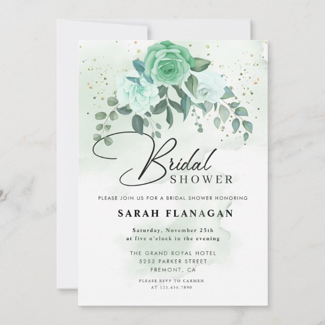 Elegant Watercolor Greenery Flowers Bridal Shower Invitation (Front)