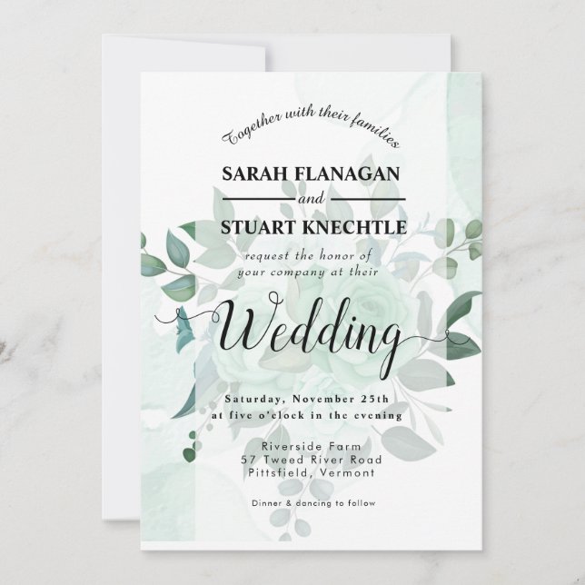 Elegant Watercolor Greenery Flowers Wedding Invitation (Front)