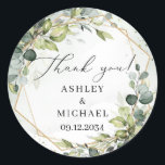 Elegant watercolor greenery foliage gold wedding  classic round sticker<br><div class="desc">Stunning design for wedding sticker - Watercolor eucalyptus mixed soft pastel green leaves woven into faux gold geometric frame and combined trendy calligraphy font makes this design so impressive. For enhance bohemian feeling this amazing floral bouquet combined modern calligraphy script font. Don't hesitate to contact me for matching items or...</div>