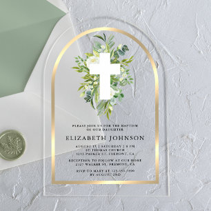 Elegant Watercolor Greenery Gold Arch Baptism Acrylic Invitations