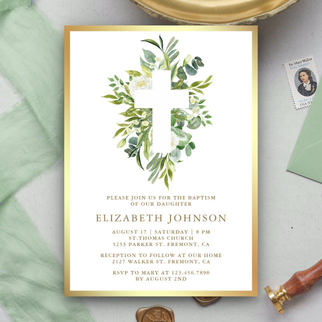 Elegant Watercolor Greenery Gold Baptism Invitation (Creator Uploaded)