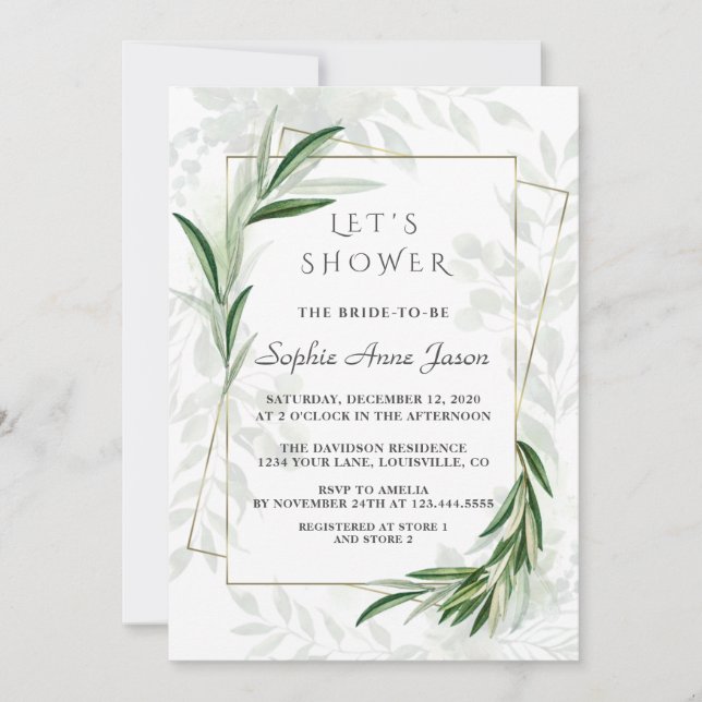 Elegant Watercolor Greenery Gold Bridal Shower Invitation (Front)