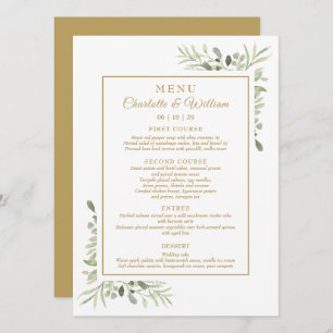 Elegant Watercolor Greenery Gold Dinner Menu
