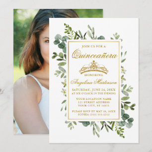 Elegant Watercolor Greenery Gold Quinceanera Photo Invitation