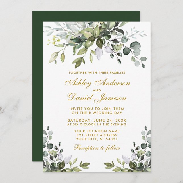 Elegant Watercolor Greenery Gold Wedding Invitation (Front/Back)