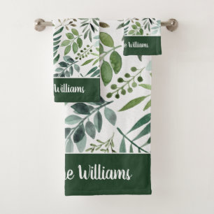 Elegant Watercolor Greenery Leaves Personalised  Bath Towel Set
